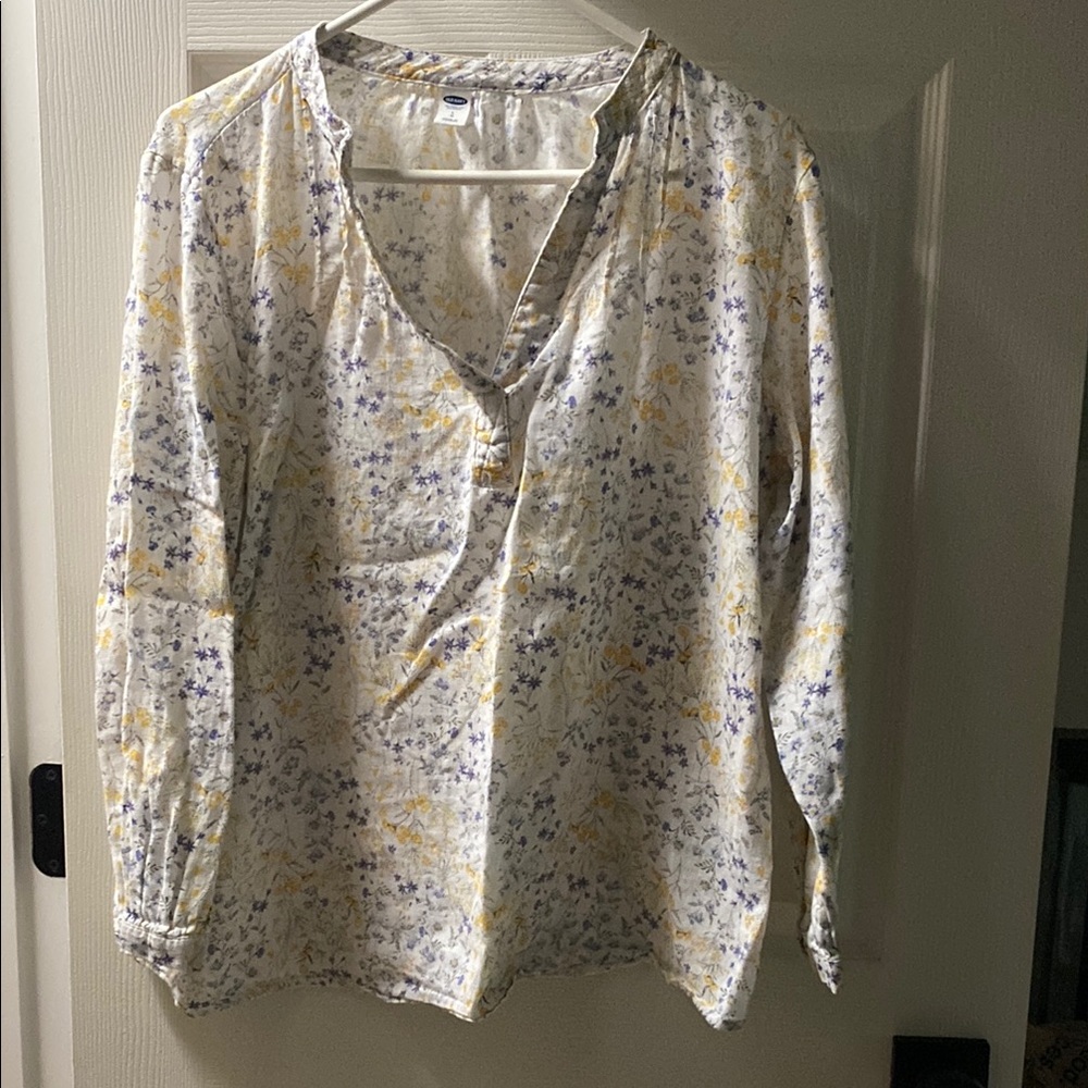 Old Navy White Blouse with Purple and Yellow Floral Print